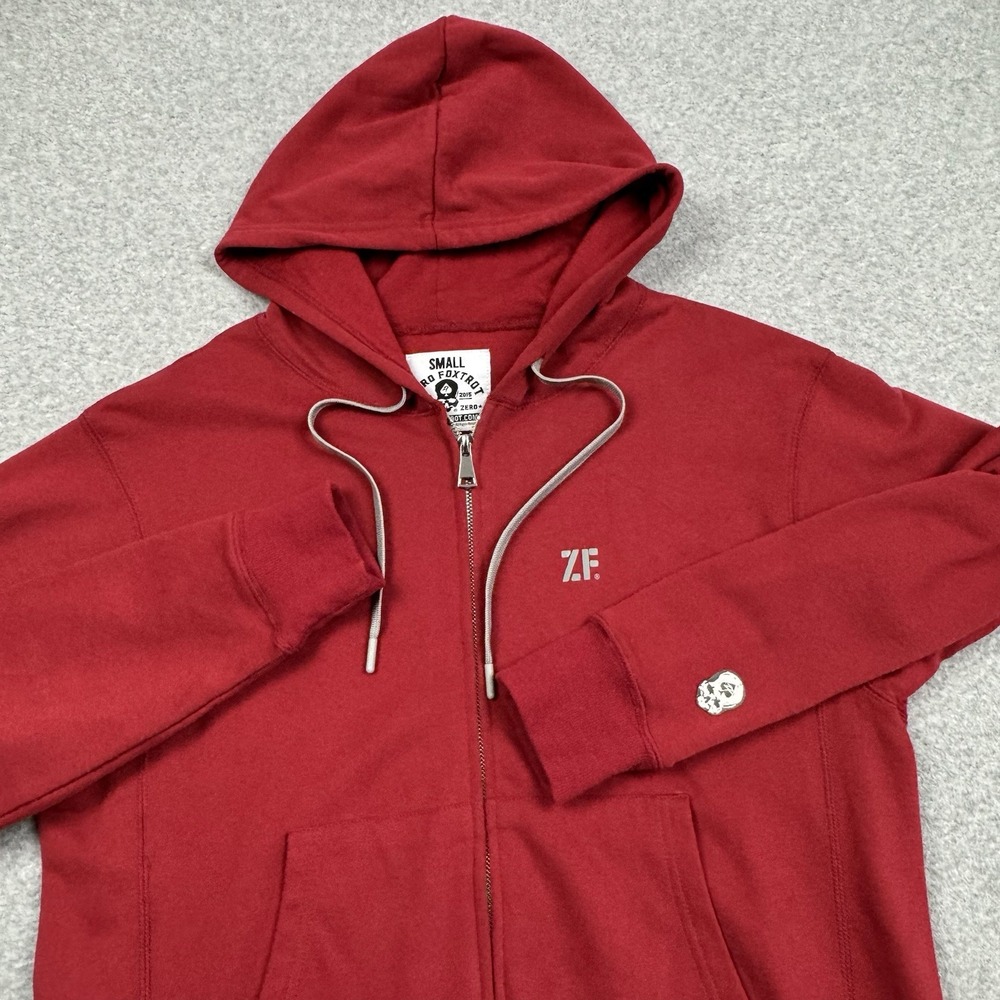 Zero Foxtrot Full Zip Hoodie Mens Small Long Sleeve Hood Drawstring Red Casual